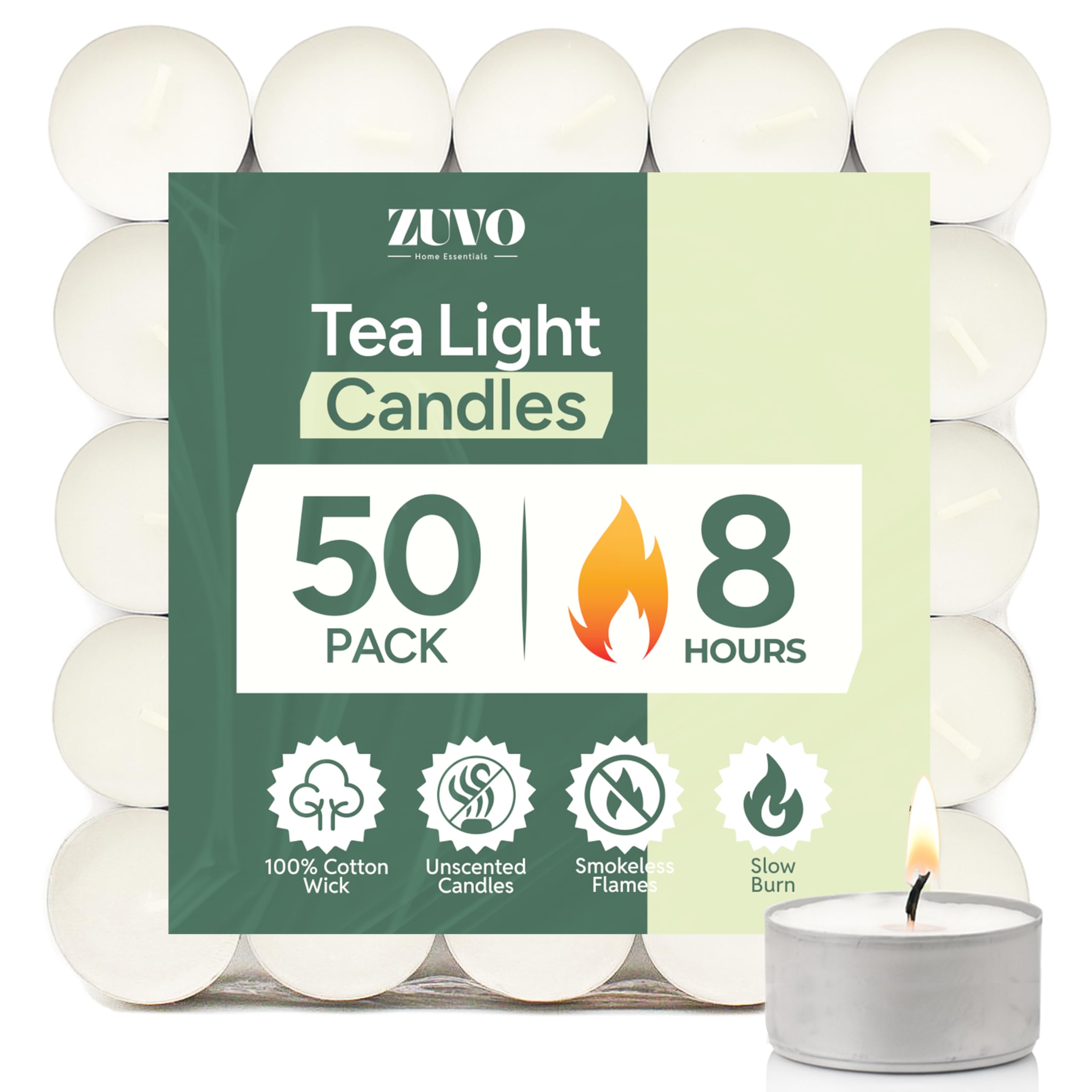Zuvo Tea Lights 8 Hour Burn, Unscented White Tealight Candles, 50 Pack | Cotton 