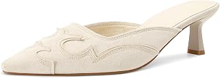 SOVANYOU Kitten Heel Mules for Women Pointed Toe Pumps Stitching Flame Dsign Close Toe Heels Comfortable Mules for Casual, Taupe, 5 UK
