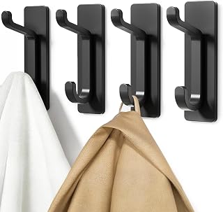 pickpiff Adhesive Wall Hook, Bathroom Towel Holder, Kitchen Tea Towel Hook, Adhesive Coat Holder, Wall Clip Without Drilling, Waterproof, Rustproof, Black, 4 Pieces