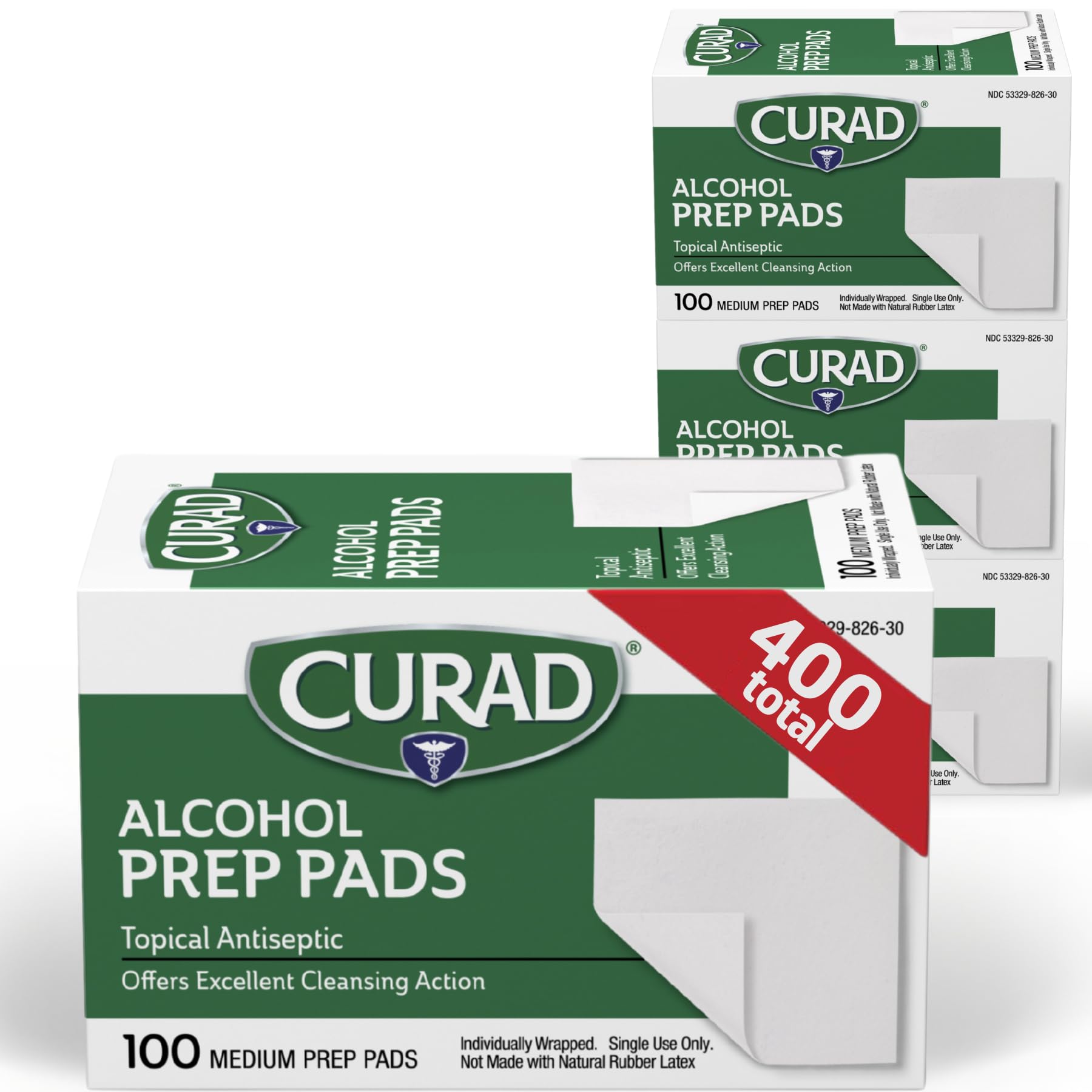 CURAD Alcohol Prep Pads, 400 Count, Medium 70% Isopropyl Alcohol Wipes, Individu