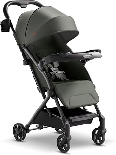 Mompush Lithe V2 Lightweight Travel Stroller Snack Tray Included, Forest | Compact baby stroller, airplane-ready, one-hand fold, mechanical recline seat, UPF 50+ canopy, travel bag & rain cover
