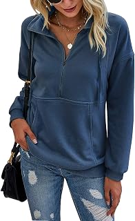 PRETTYGARDEN Casual Zipper Sweatshirt Long Sleeve Women Drawstring Loose Quarter Zip Pullover Tops with Pockets