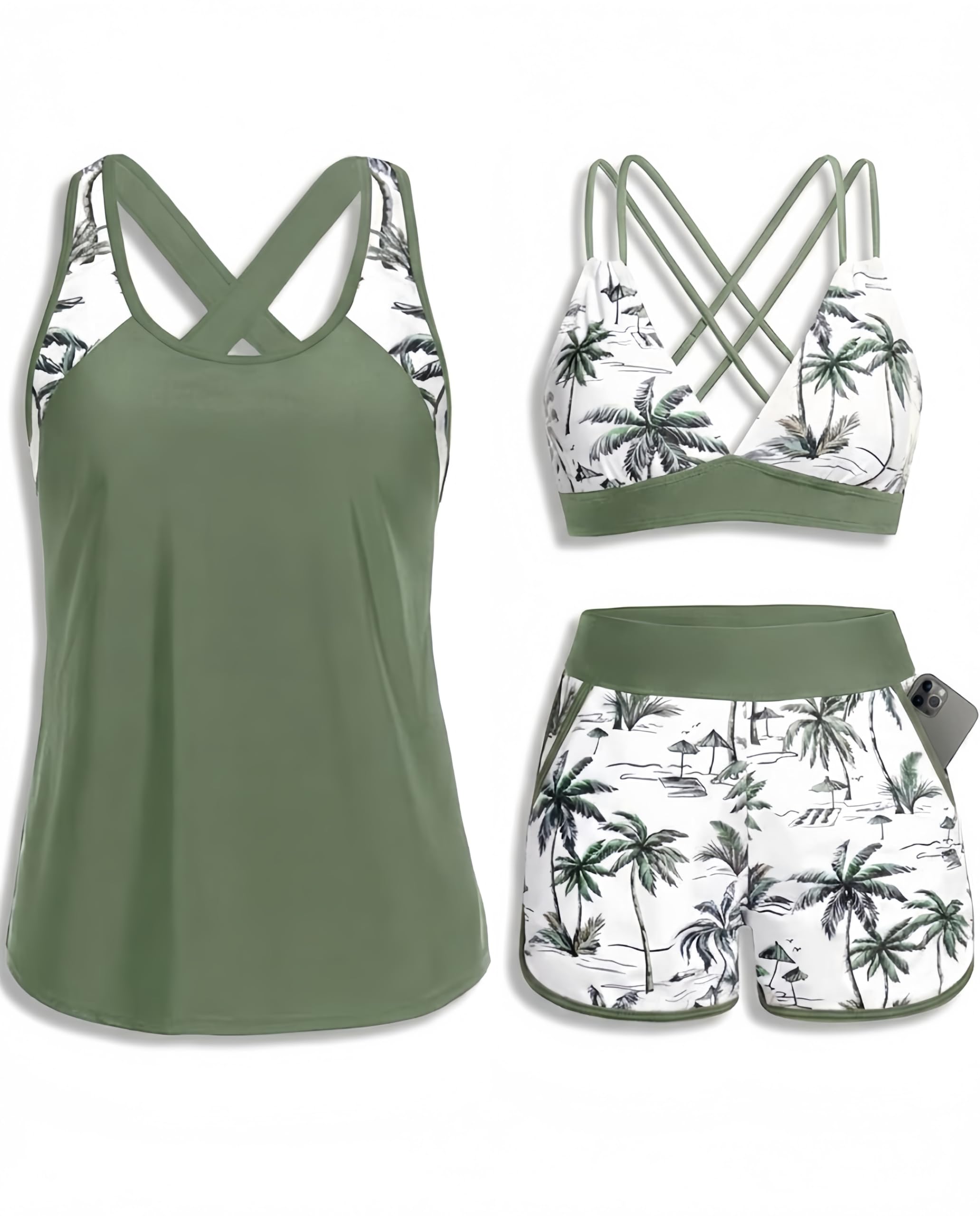 Daci 3 Piece Tankini Swimsuit for Women Tummy Control Tank Top with Bra Modest S