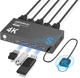Hearvo USB 3.0 HDMI KVM Switch for 2 Computers 1 Monitor, 4K@60Hz, S7232H | Share Keyboard, Mouse, Hard Drives and Printer, EDID Adaptive, 2 USB Cables and Wired Desktop Controller,
