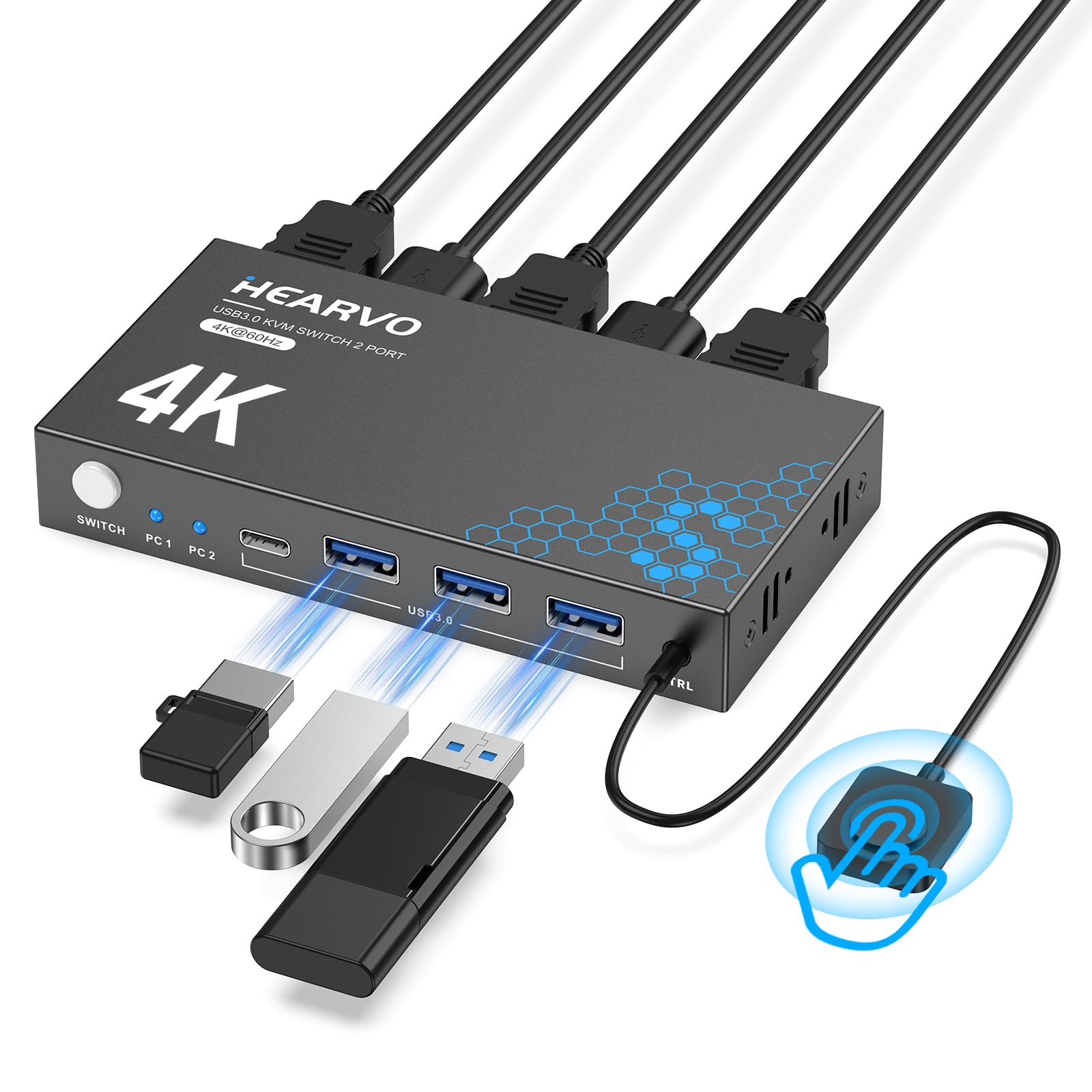 Hearvo USB 3.0 HDMI KVM Switch for 2 Computers 1 Monitor, 4K@60Hz, S7232H | Shar