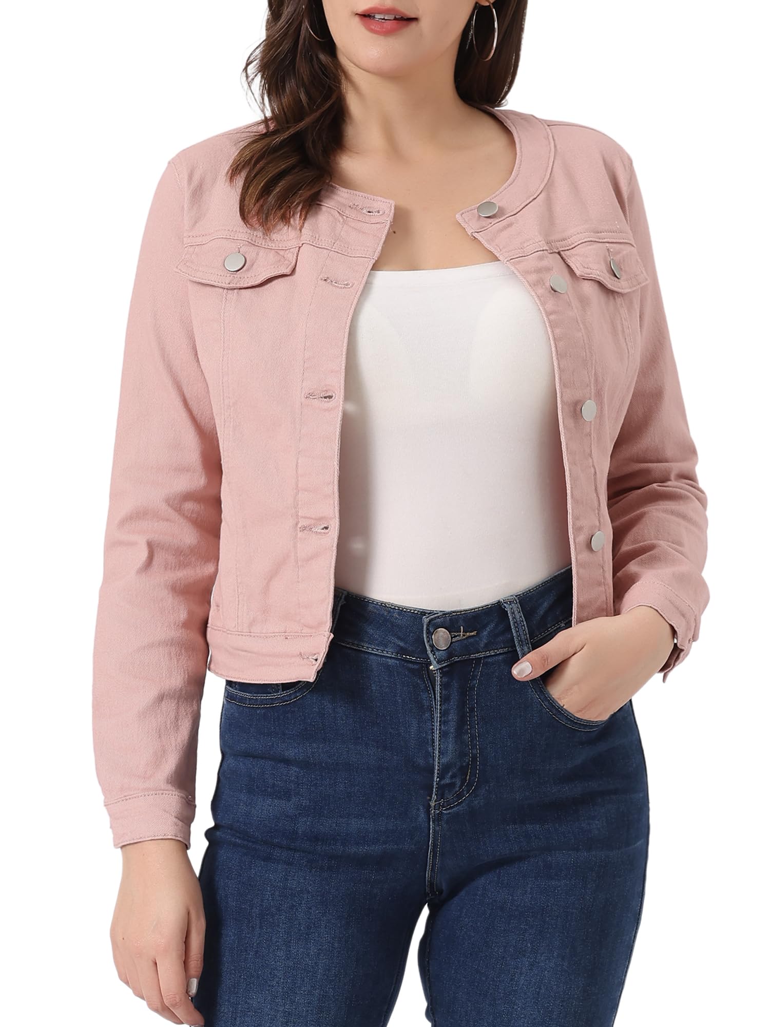 Allegra K Women's Denim Jacket Collarless Round Neck Jean Jackets