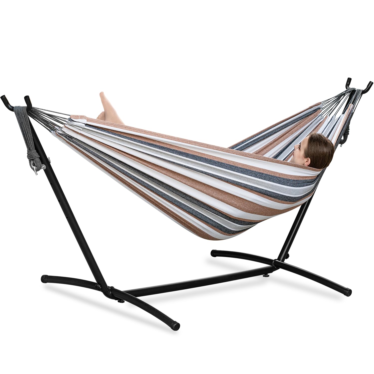 PNAEUT Double Hammock with Stand for Outside, Heavy-Duty, Portable (Coffee) | 45