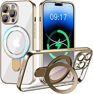 Magnetic for iPhone 14 Pro Case with Invisible Stand[Compatible with MagSafe][Full Camera Lens Protector][Military Drop Protection]Shockproof Not Yellowing Clear Slim Soft for Women Men Gold