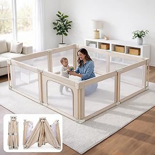 Foldable Baby Playpen with Mat, Foldable Baby Fence Play Yards for Babies and Toddlers, Play Pen with Breathable Mesh Anti-Fall Pads Storage Bag and 2 Pull up Rings (71"×59")