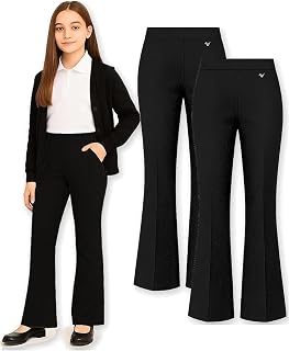 Pack of 2 - Girls Flared Jersey School Trousers Pull Up Wide Leg School Uniform Butterfly Pendant Ages 3-16y