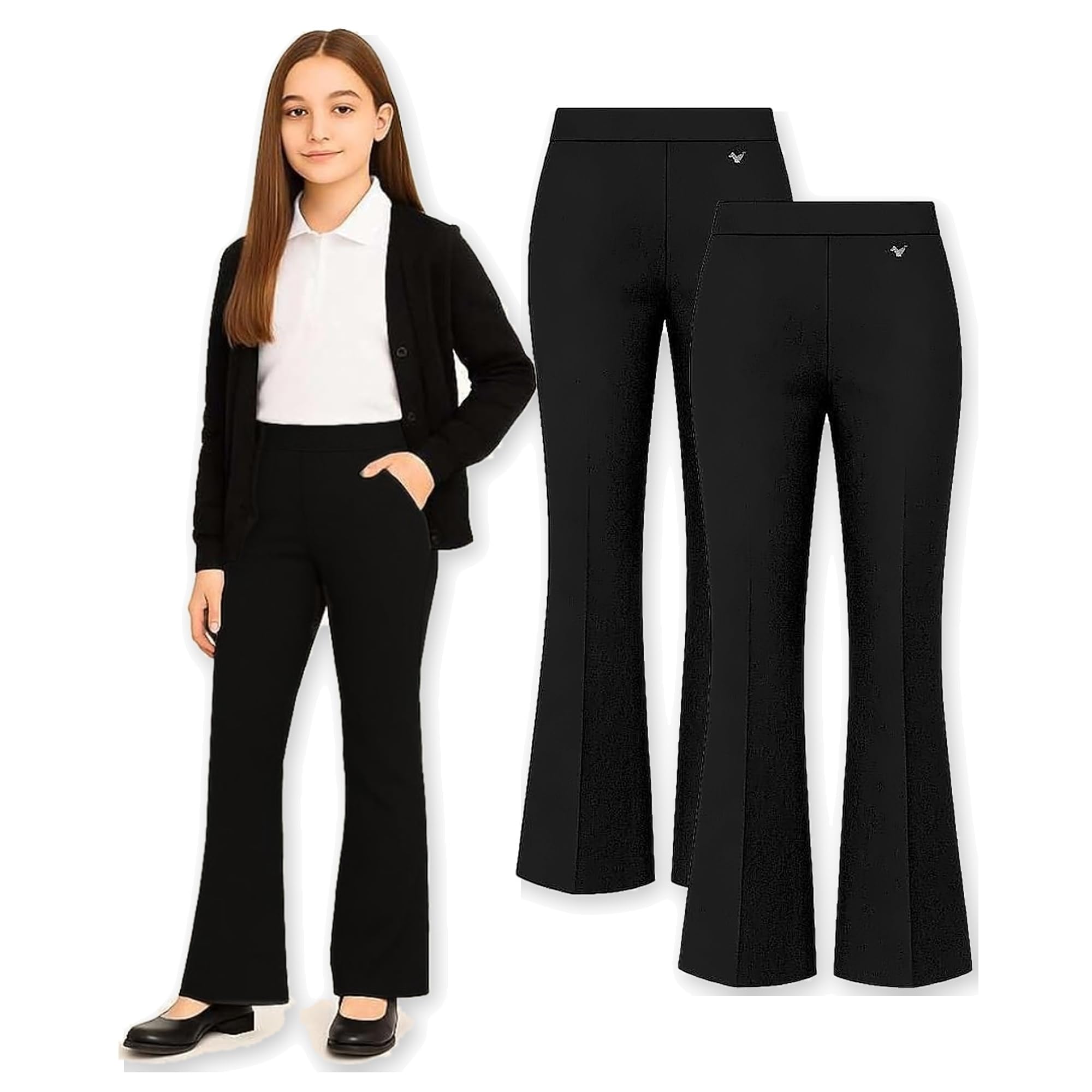 Pack of 2 - Girls Flared Jersey School Trousers Pull Up Wide Leg School Uniform 