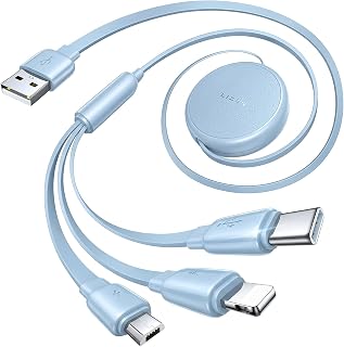 LISEN Multi Charger Cable, Retractable USB C to USB Charging Cable 3 in 1 Charger Lighting/Micro USB Cable, Travel Chargers for Multiple Devices for iPhone 17 16 15 14 Pro/Galaxy S25/Switch2, Cerulean