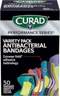 CURAD Performance Series Antibacterial Bandages, Extreme Hold Adhesive Technology, Finger & Knuckle Bandages, Flexible Fabric, Variety Pack with Assorted Sizes & Colors, 50 Count