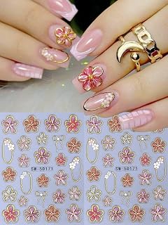 2pcs Flower Nail Art Stickers 5D Embossed Self Adhesive Pink 5 Petals Gold Floral Circle Spring Summer Nail Decal DIY Nail Art Decoration