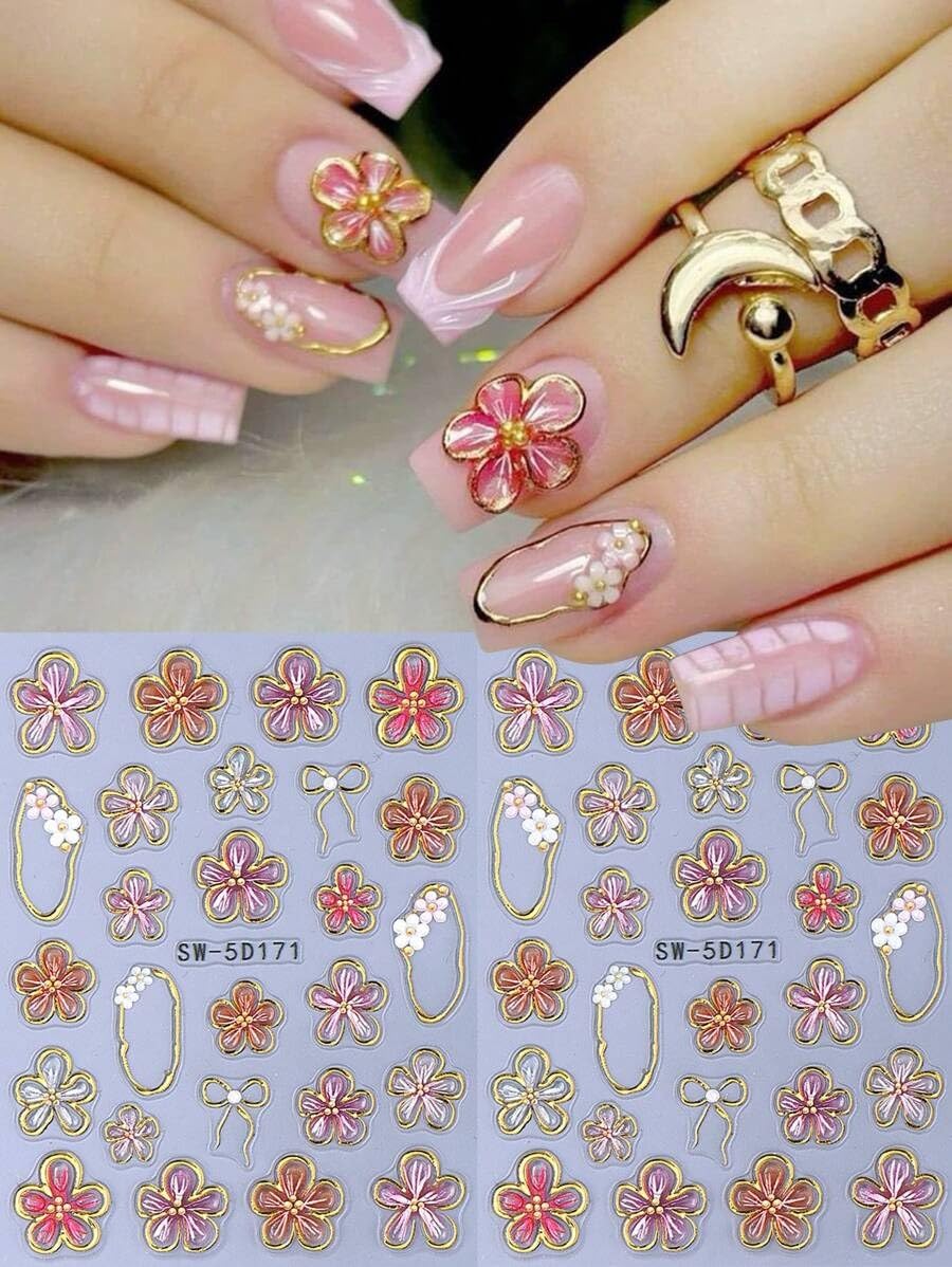 2pcs Flower Nail Art Stickers 5D Embossed Self Adhesive Pink 5 Petals Gold Flora