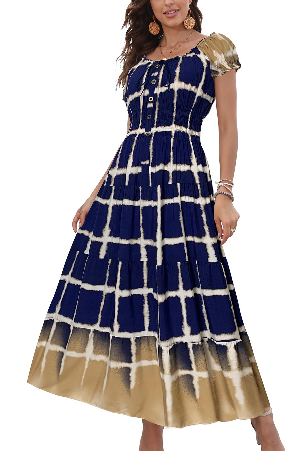 OSTOO Women's Summer 2025 Short Sleeve Boho Floral Print Multi-Layer Long Dress 
