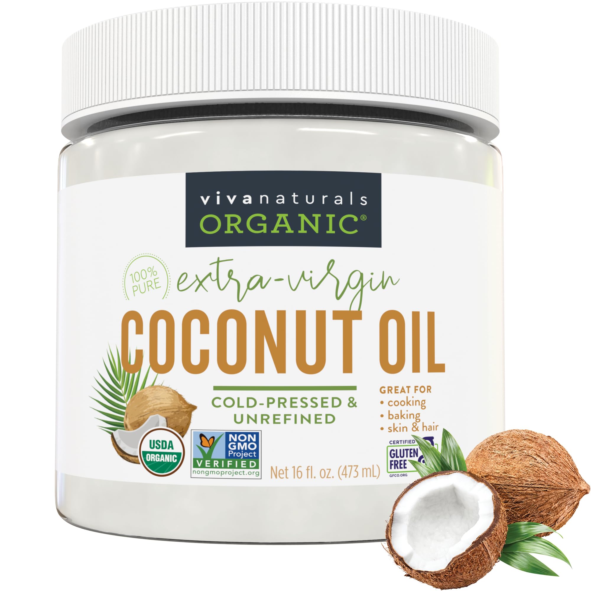 Viva Naturals Organic Coconut Oil, 16 fl oz – Unrefined, Cold-Pressed Extra Virg