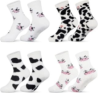 Foaincore 4 Pairs Fuzzy Cow Socks for Women Winter Cow Print Stuff Socks Cute Fluffy Cozy Funny Gifts for Women