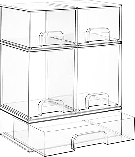 Vtopmart Clear Stackable Storage Drawers Set of 5, Plastic Organizer Bins | Multi-purpose Boxes for Baby Bottle Storage, Ideal for Kichen, Vanity, Bathroom, Undersink, Cabinet, Pantry Organization
