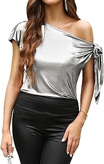 VIDUSSA Women's Off Shoulder Silk Tops Casual Short Sleeve Asymmetrical Neck Satin Blouse Shirts