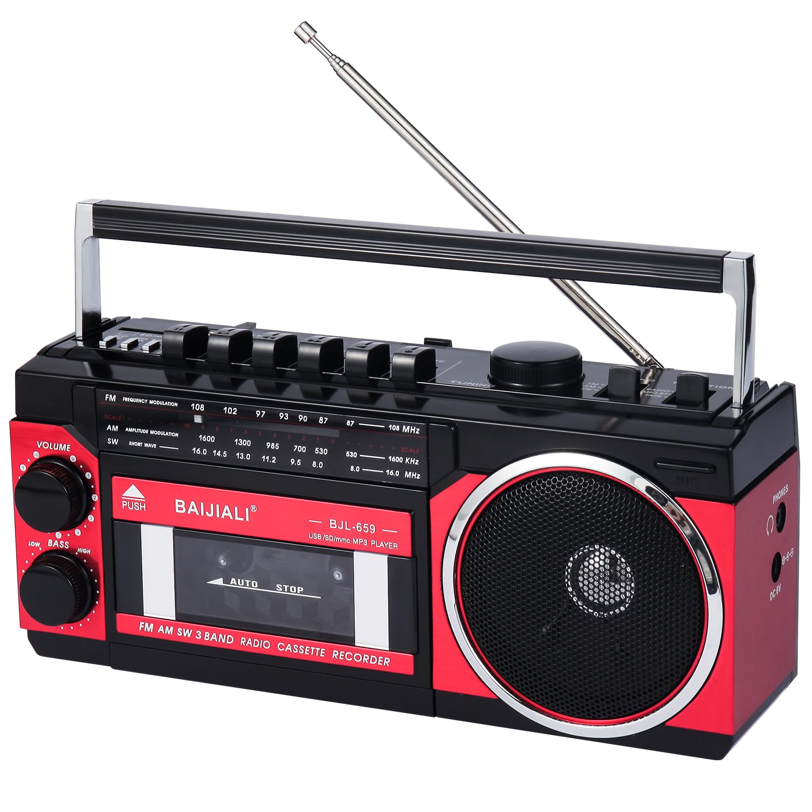 BAIJIALI Portable Cassette Player with AM/FM/SW Radio & BT | Boombox for Home an