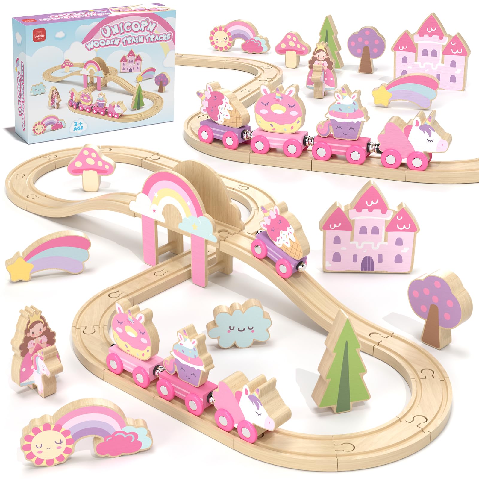 Lehoo Castle Wooden Train Set for Girls, Pink Unicorn Train Set | Princess and C