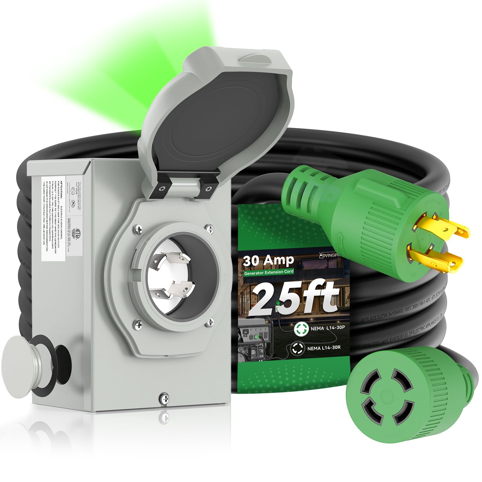 RVINGPRO 30 Amp Generator Cord 25FT and Pre-Drilled Power Inlet Box | 30 Amp Gen
