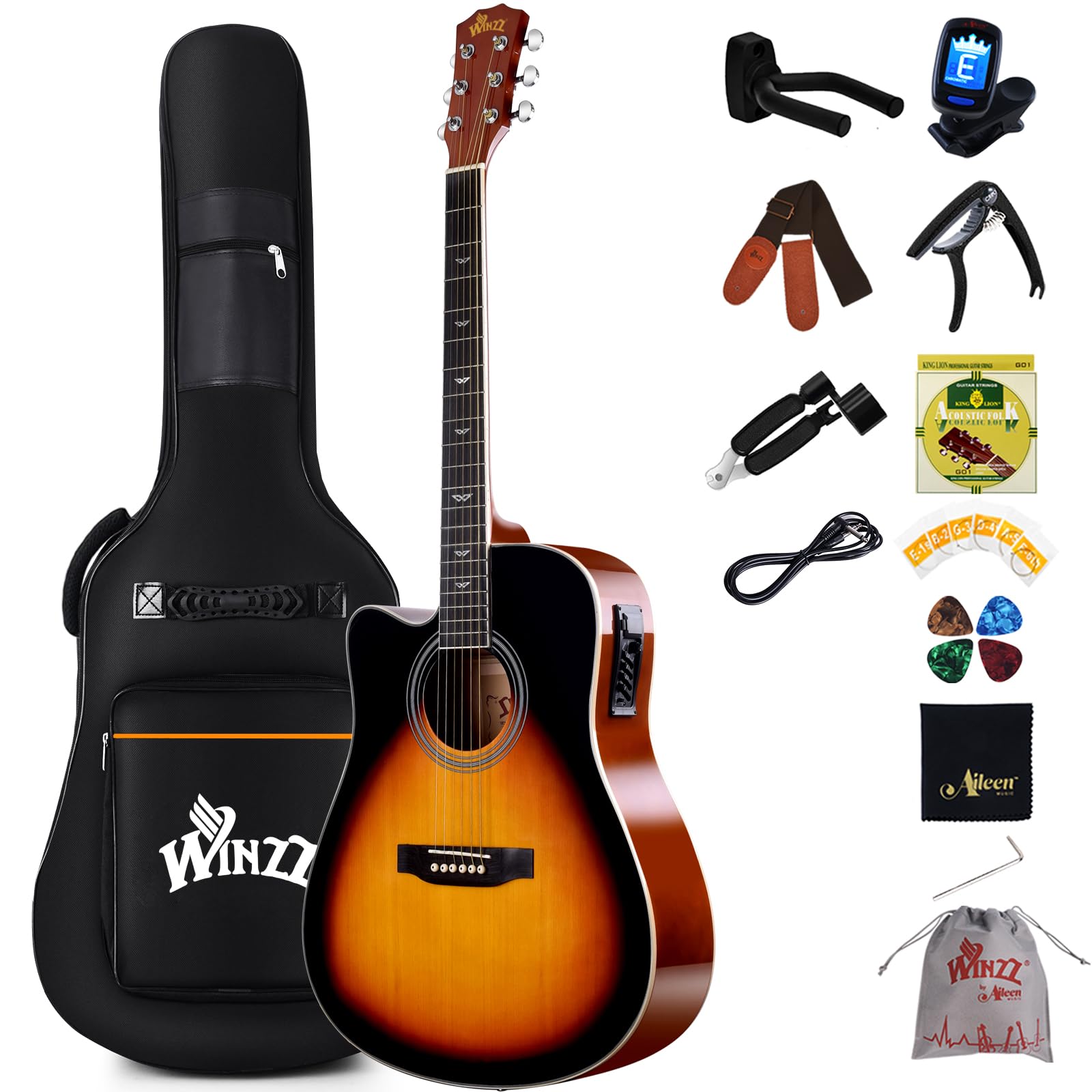 Winzz 4/4 Electro Acoustic Guitar, Left-Handed Western Guitar Set, Adult Beginne