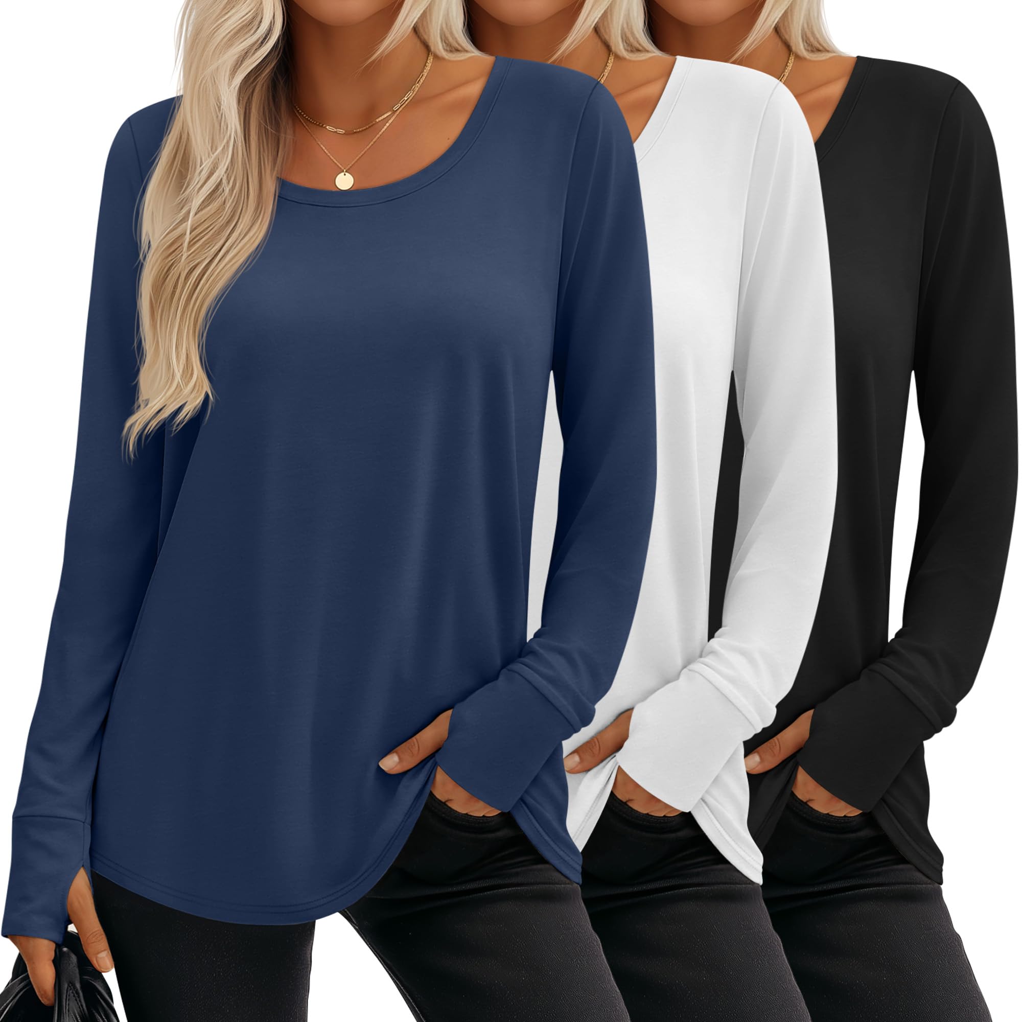 3 Pack Women's Long Sleeve Shirts Cotton Tunic Tops