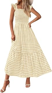 PRETTYGARDEN Abito estivo da donna casual con scollo quadrato con volant e cinturino a quadretti con punto smock Midi Flowy A Line Beach Vacanze Abiti da sole