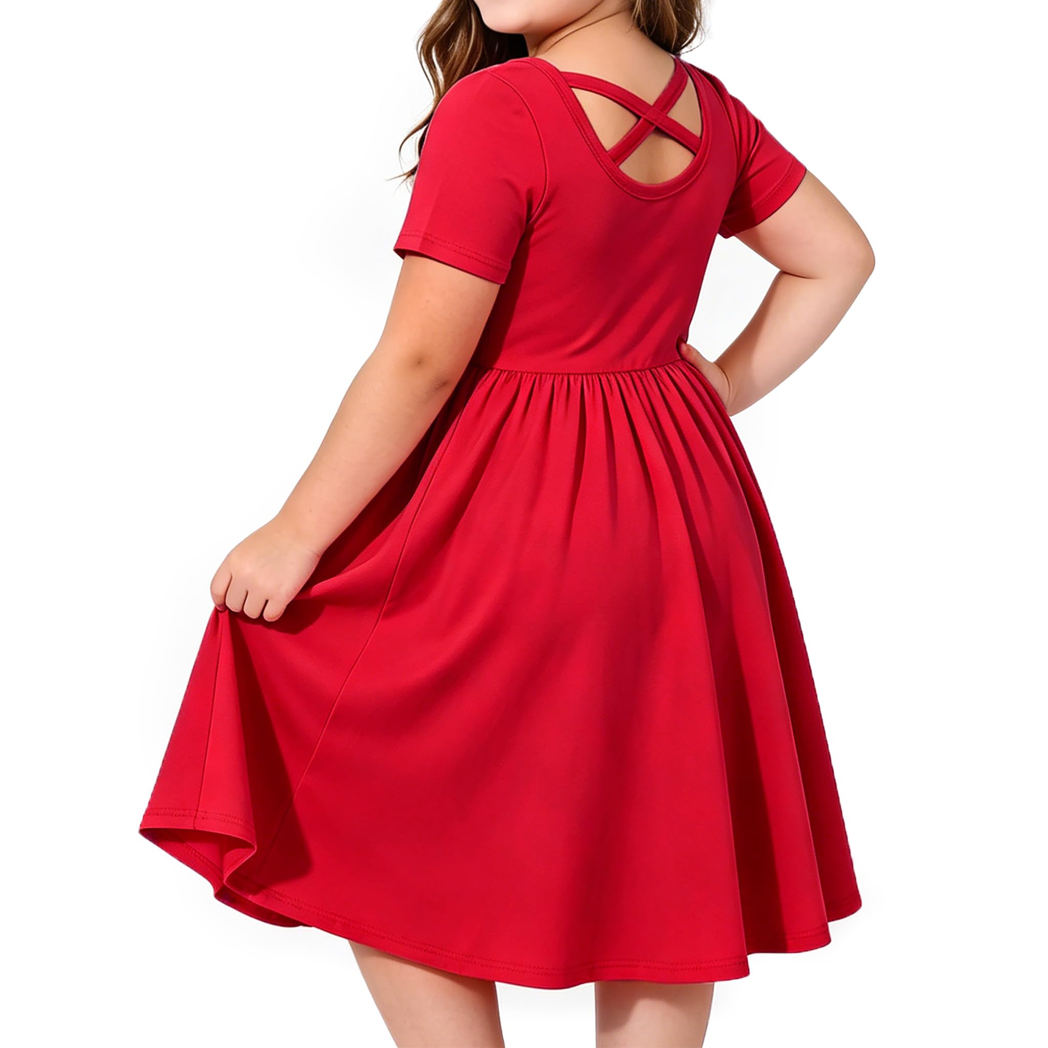 Girl Short Sleeve Dress Cotton A-Line School Dress with Pockets