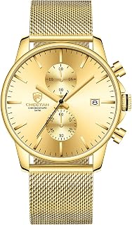 GOLDEN HOUR Men’s Watch Fashion Sport Quartz Analog Mesh Stainless Steel Waterproof Chronograph Watches, Auto Date in Blue/Red/Grey/Gold Hands, Color: Black