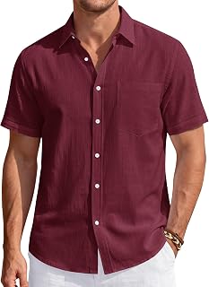 J.VER Chemise à manches courtes en lin pour homme - Décontractée et légère - Avec poche - Pour la plage, les vacances d'été, bordeaux, Taille L