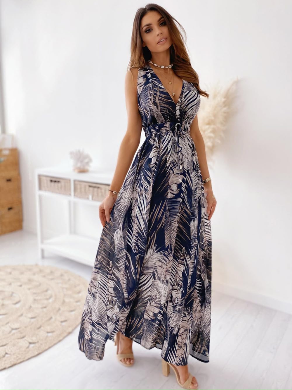 Women's Summer Boho Floral Maxi Dress V Neck Sleeveless Casual Beach Vacation Ma