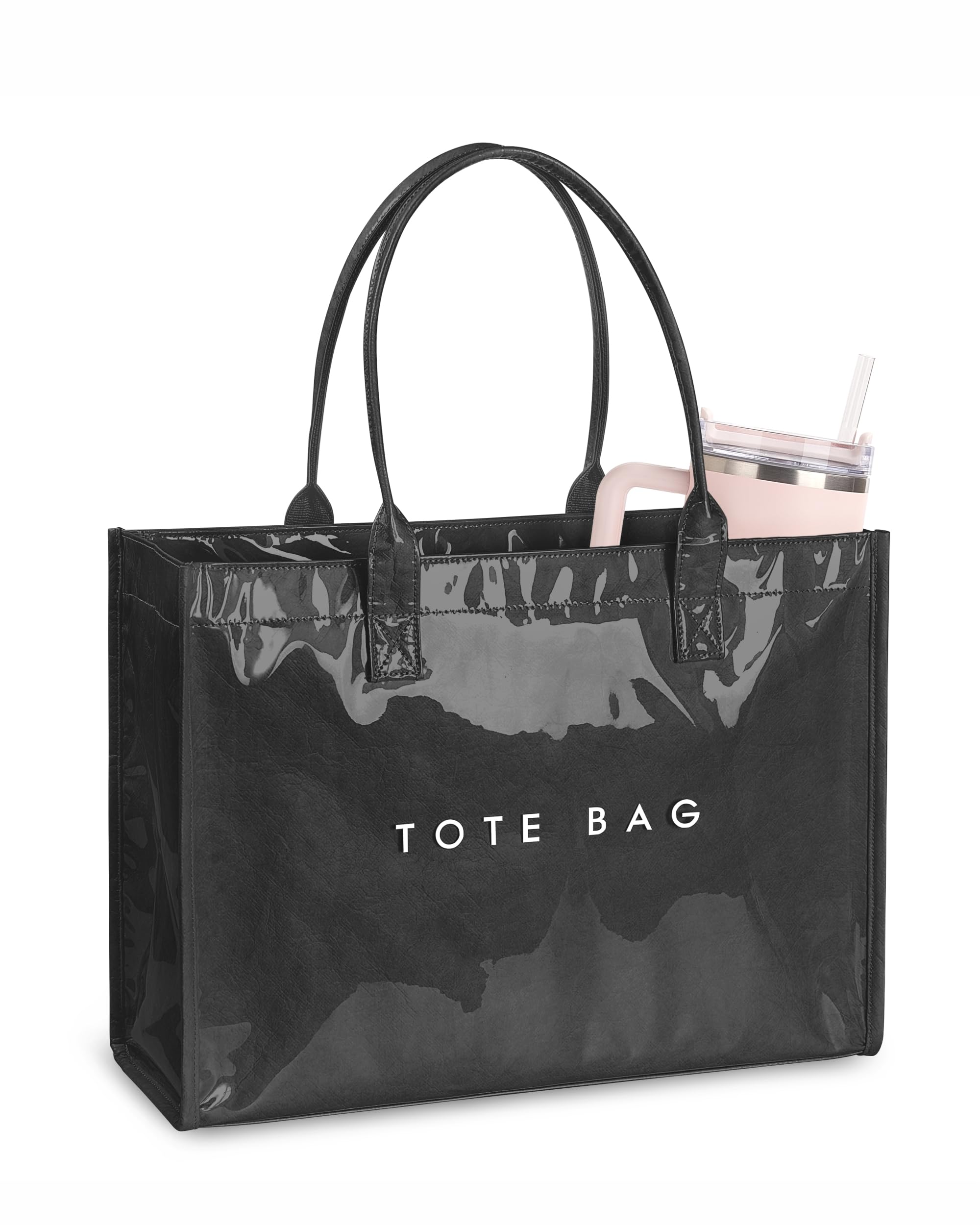 NPBAG PVC Tote Bag for Women, Kraft Paper Handbag Beach Tote with Letter Print, 