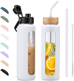 BLUEGO 900ml Glaswasserflasche mit Strohhalm und 2 Deckeln Kaffeetasse aus Glas mit Zeitmarkierung und Silikonschutz Glasbecher für Getränke Soda Cola BPA-frei, Weiß