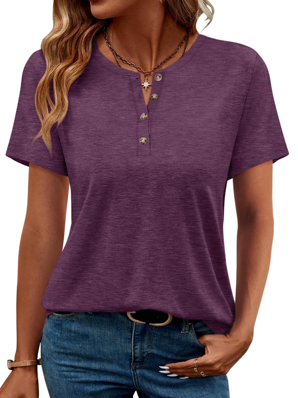 TICTICMIMI Women's Henley Short Sleeve Tops Button Down Casual Summer T Shirts C