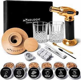MIXOLOGIC Cocktail Smoker Kit with Torch, 2 Glasses, 6 Wood Chips, Whiskey Stones & Accessories, Old Fashioned Whisky Smoking Set, Drinks Infuser, Men Gift, Boyfriiend, Dad, Husband (No Butane)