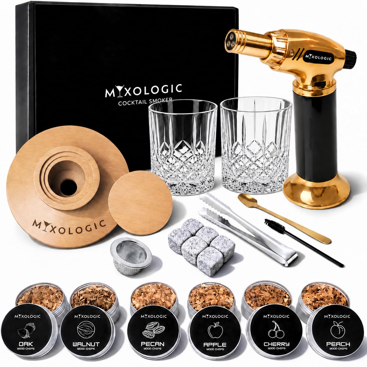 MIXOLOGIC Cocktail Smoker Kit with Torch, 2 Glasses, 6 Wood Chips, Whiskey Stone