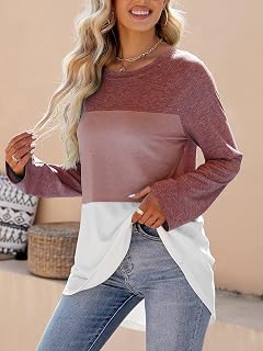 Women's Casual Long Sleeve Round Neck Tops Lightweight Color Block Bell Sleeve Loose Blouse Tops