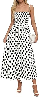 PRETTYGARDEN Womens Summer Dresses 2026 Spring Sleeveless Spaghetti Straps Casual Midi Dress Polka Dot Smocked Beach Sundress