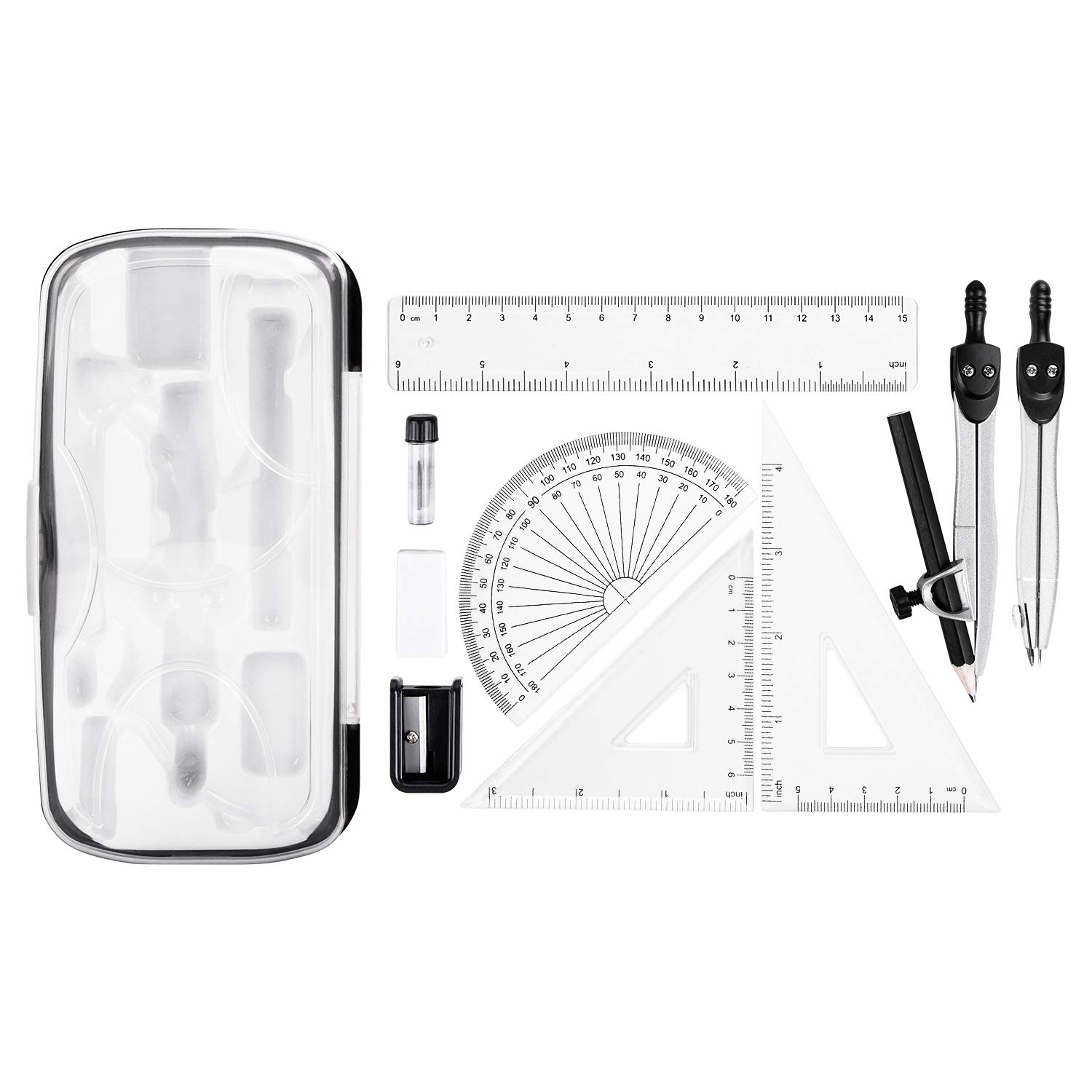 Amazon Basics 10-Piece Maths Kit - Includes Compasses, Lead, Rubber, Sharpener, 