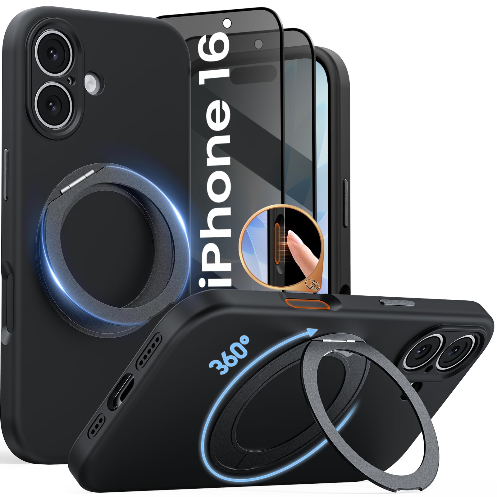 for iPhone 16 Case, Privacy Screen Protector, 360° Rotating Stand, Black