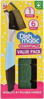 Dishmatic Refillable Washing-Up Liquid Dispensing Handle x1, Antibacterial Easy-Grip Kitchen Washing-Up Tool, with Replaceable General Purpose Sponge Heads x 6