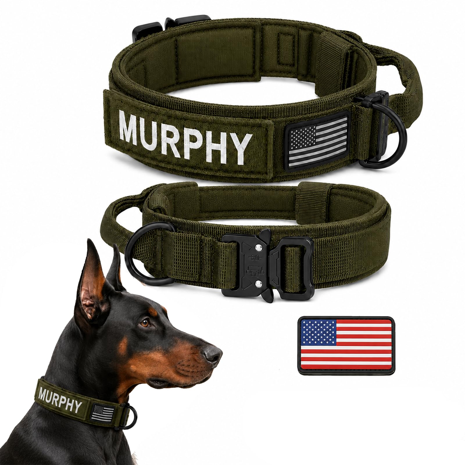 Personalized Tactical Dog Collar with Removable Name Patch US Flag | Customizabl