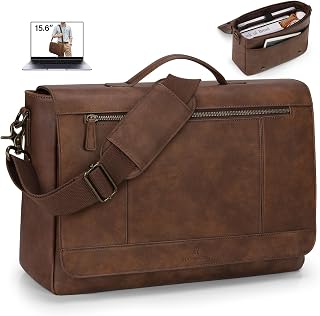 RAINSMORE Leather Messenger Bag for Men 15.6 Inch Waterproof Computer Bag Vintage Shoulder Bag Large Shoulder Bag for Work Office University