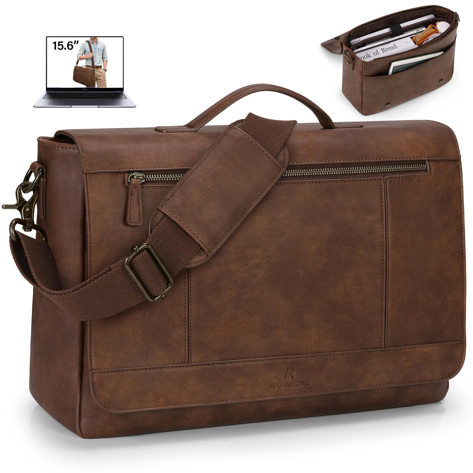 RAINSMORE Leather Messenger Bag for Men 15.6 Inch Waterproof Computer Bag Vintag