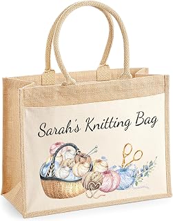 Personalised Knitting and Crochet Tote Bag with Name, Large Jute Craft