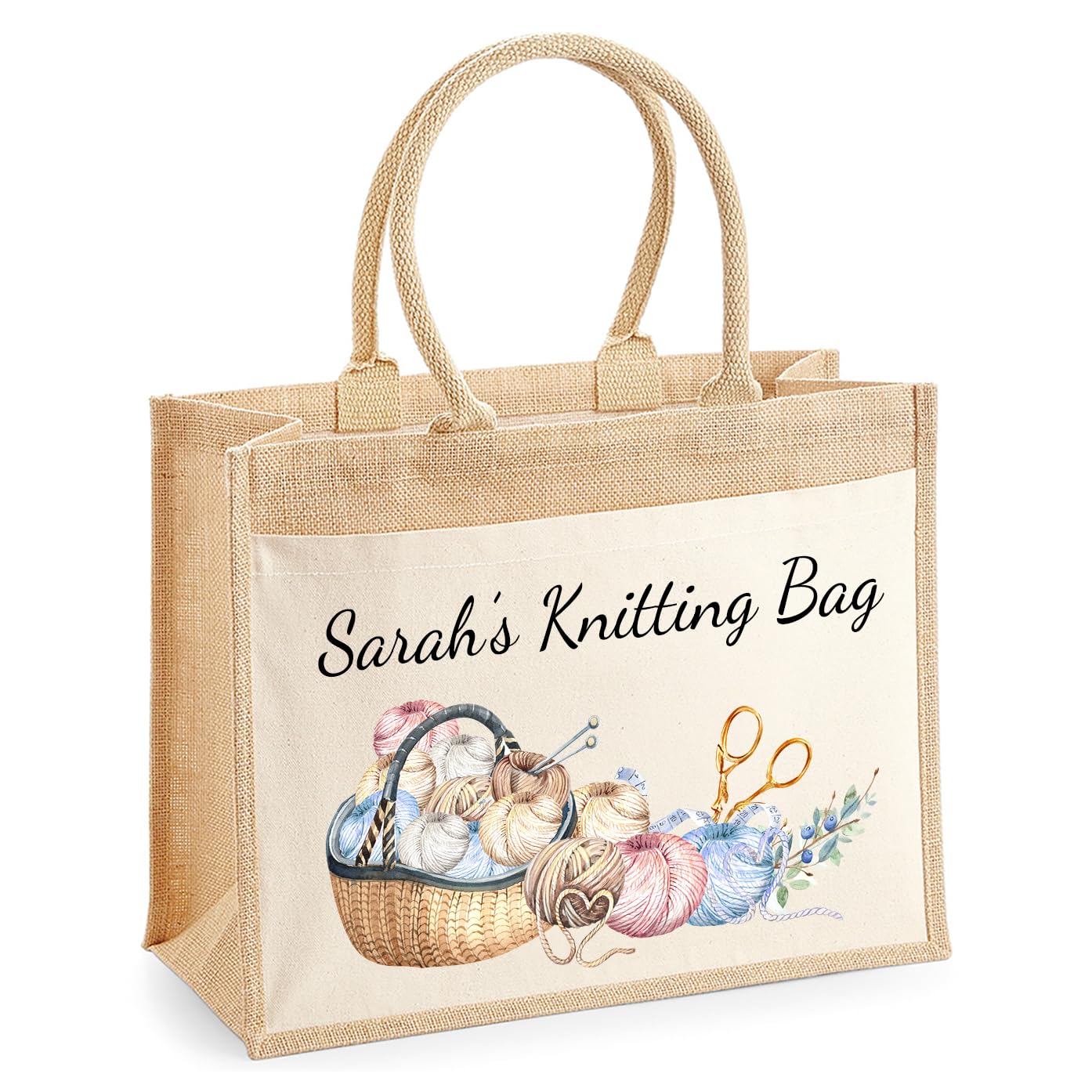 Personalised Knitting and Crochet Tote Bag with Name, Large Jute Craft