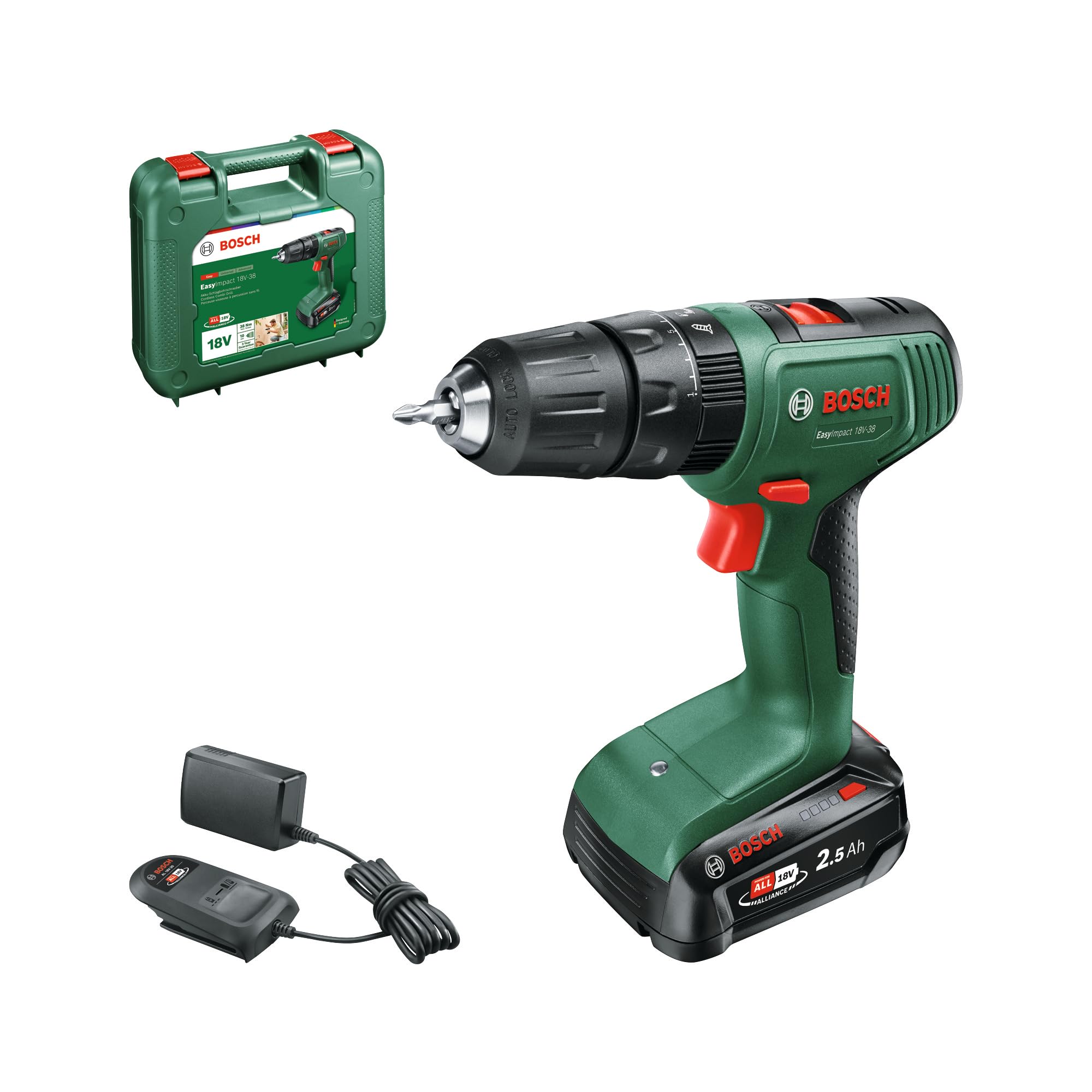 Bosch Cordless Combi Drill EasyImpact 18V-38, Modern, Green (1x Battery 2.5 Ah, 